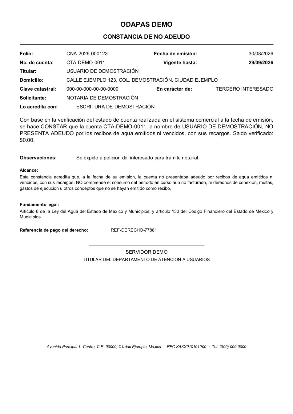 Constancia de no adeudo con folio, vigencia y fundamento legal