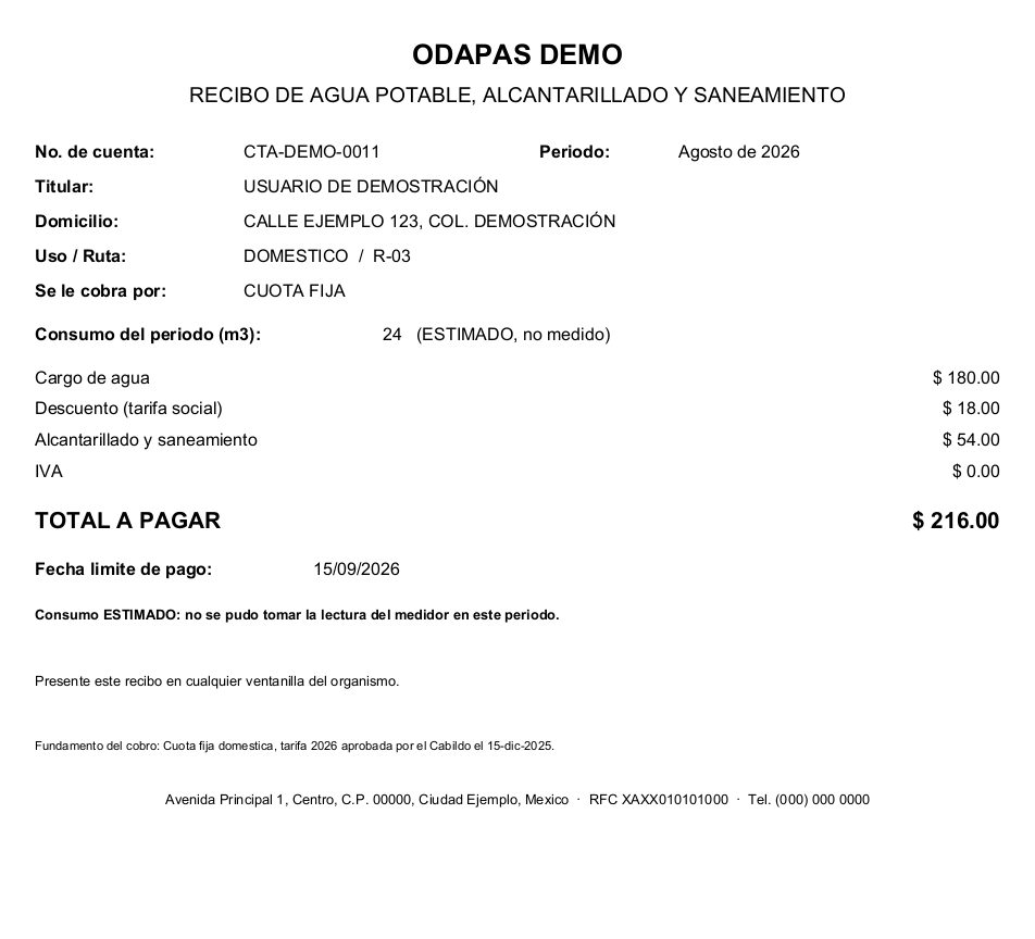 Recibo de agua potable emitido por el sistema